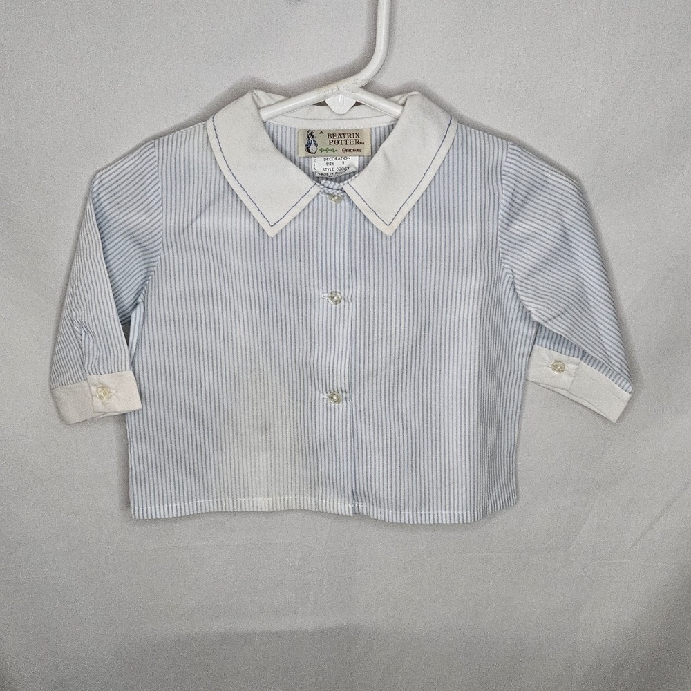 Vintage VTG Beatrix Potter by Nannette Blue White Stripe Collar Button Shirt 9M
